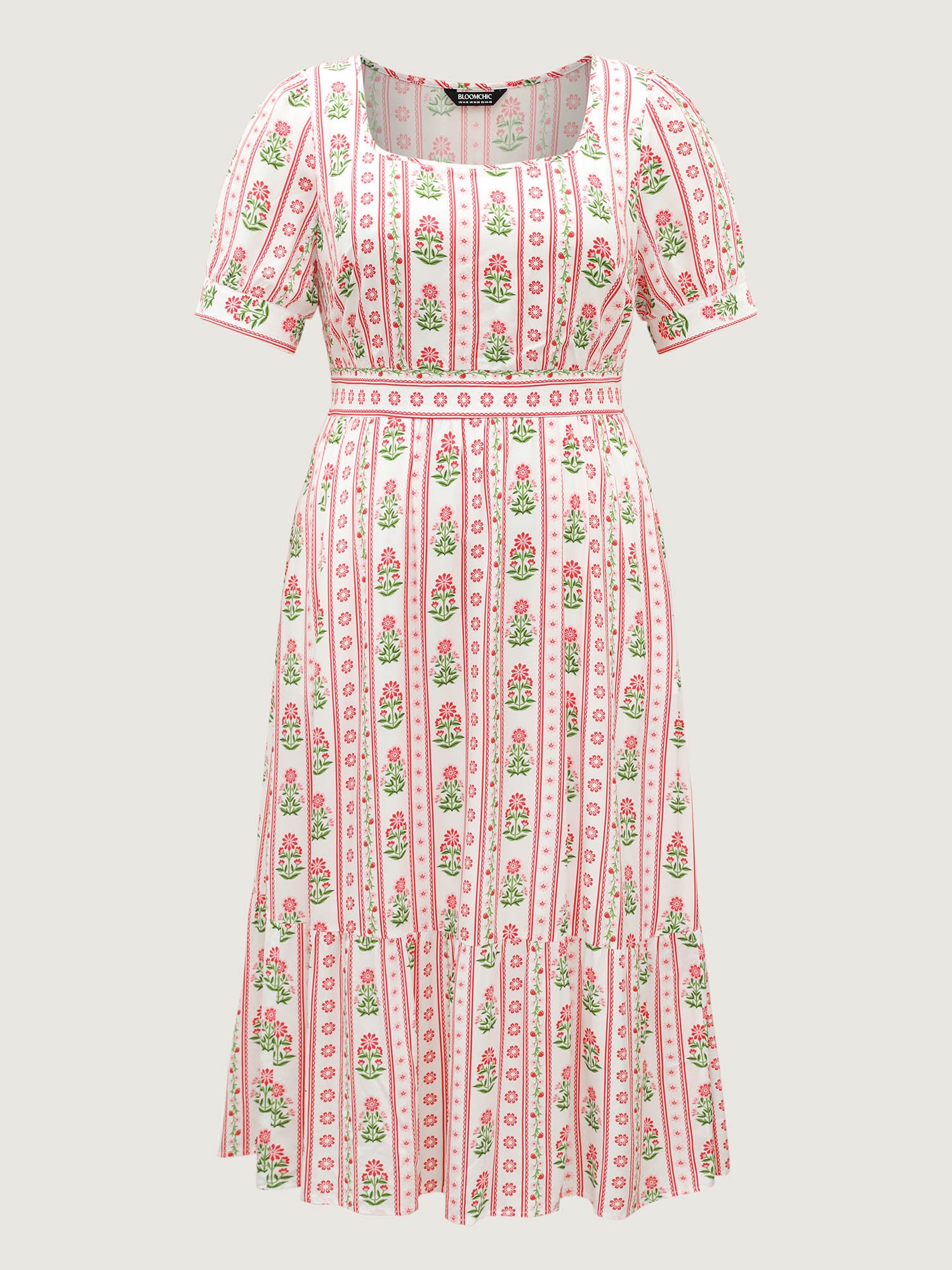 Floral Stripe Shirred Waist Midi Dress