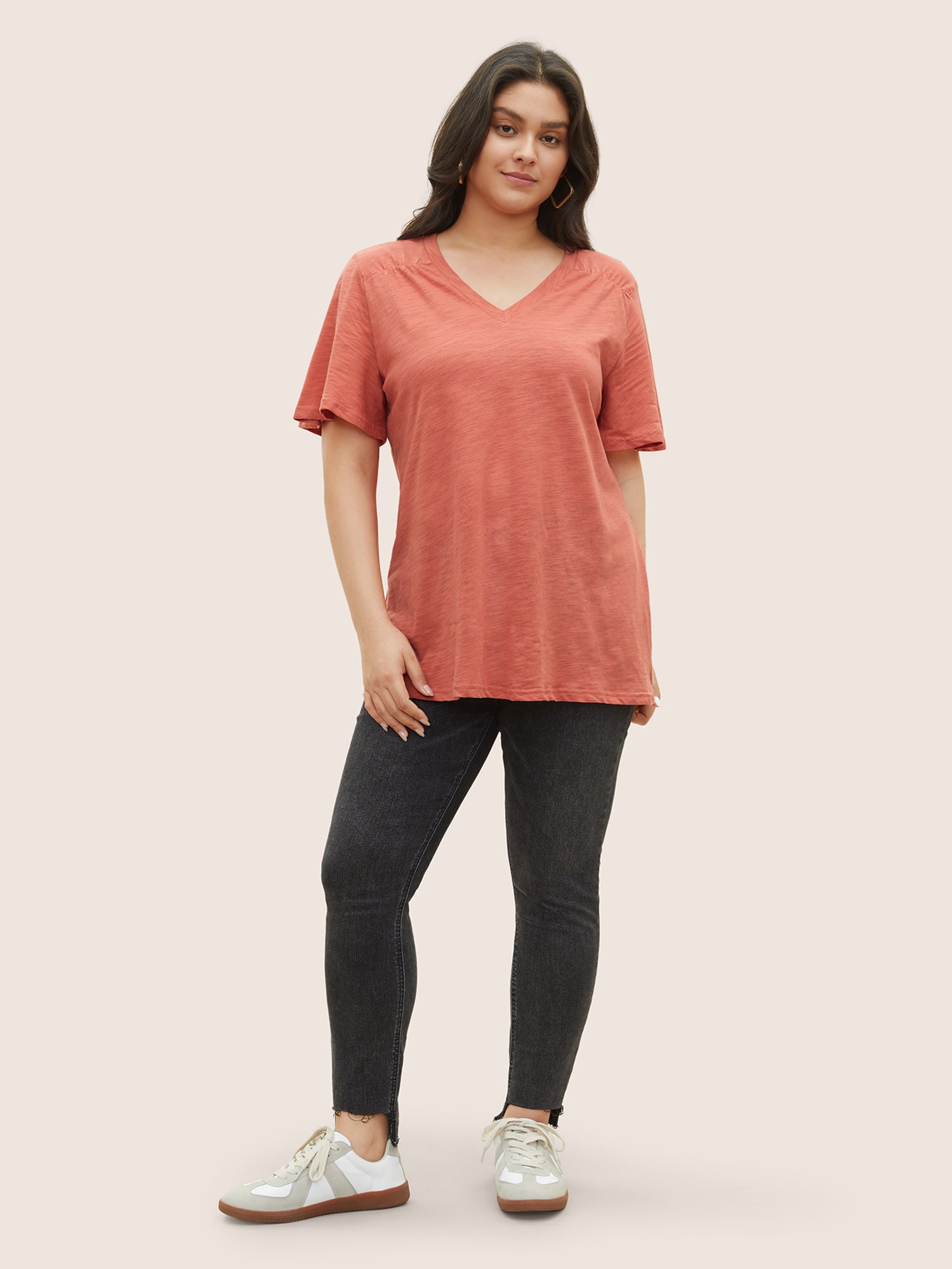Plain Ruffle Sleeve Heather V Neck T-shirt