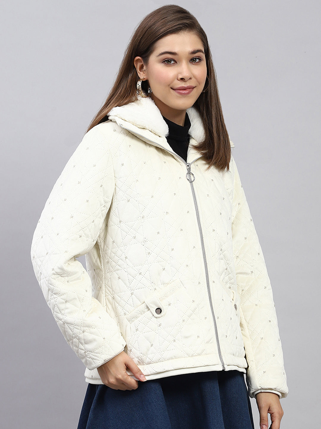 Women White Embroidered Collar Full Sleeve Jacket