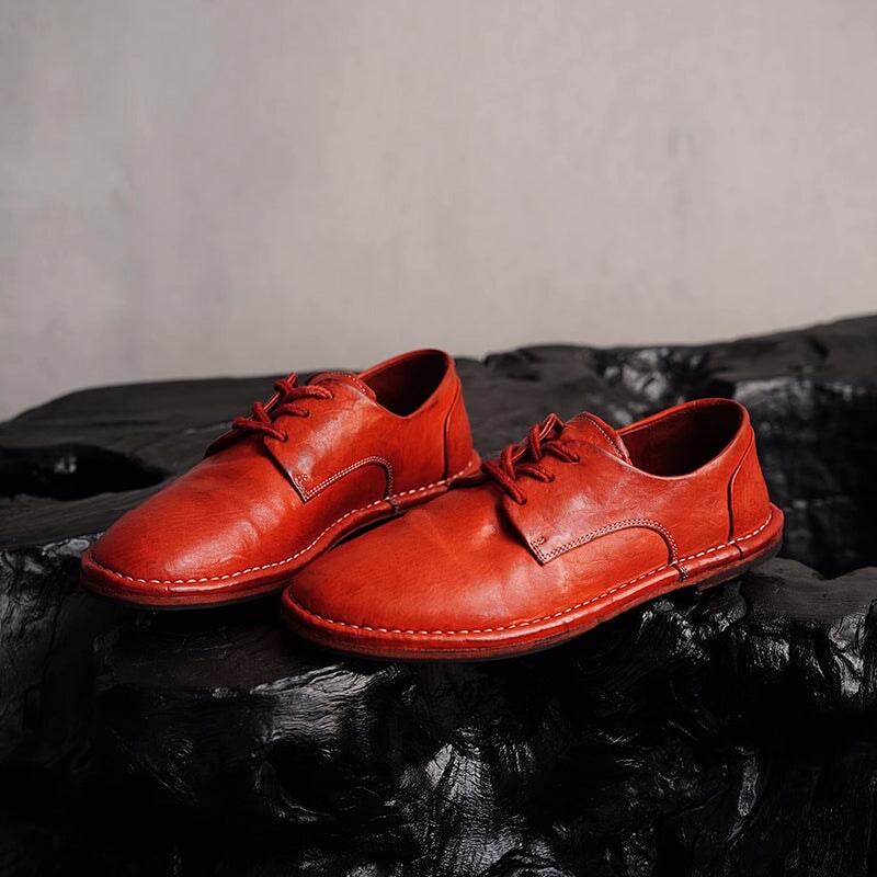 Handmade Stitching Lightweight Horse Leather Oxford Shoes Lace-Up Casual Shoes in Black/Red