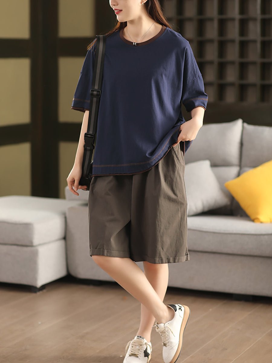 Women Summer Colorblock O-Neck 100%Cotton Shirt