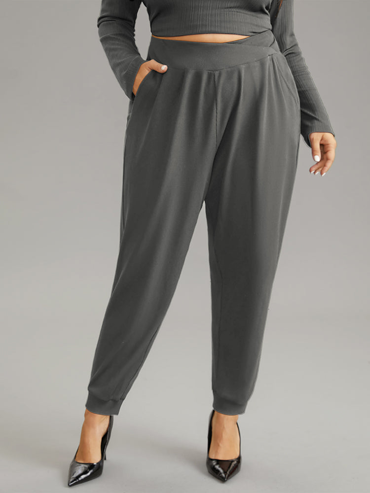 Crossover Plain Texture High Rise Pants