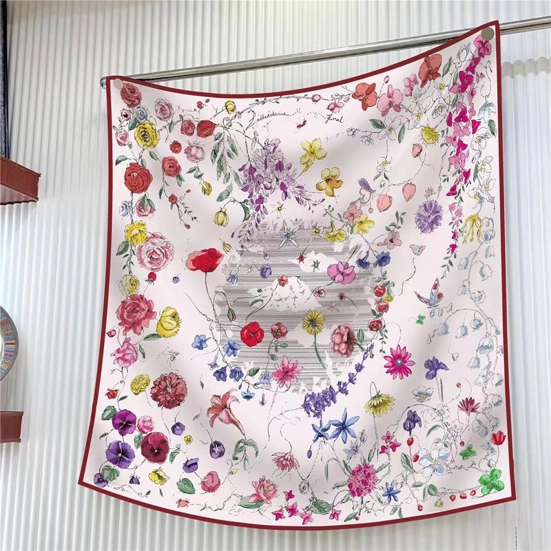 New High Quality Twill Forged Large Square Fashion 90*90cm Printed Silk Scarf Sunscreen Shawl Scarf