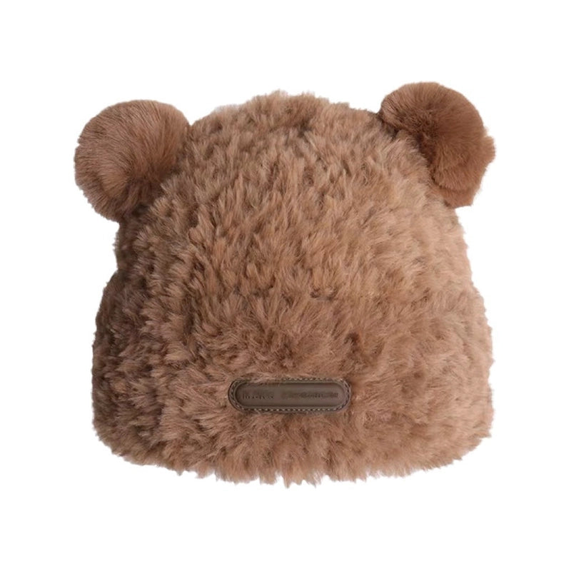 Cute Bear Fluffy Hat Winter New Women's Warm Thickened Ear Protection Hat Big Head Wai Knitted Wool Hat
