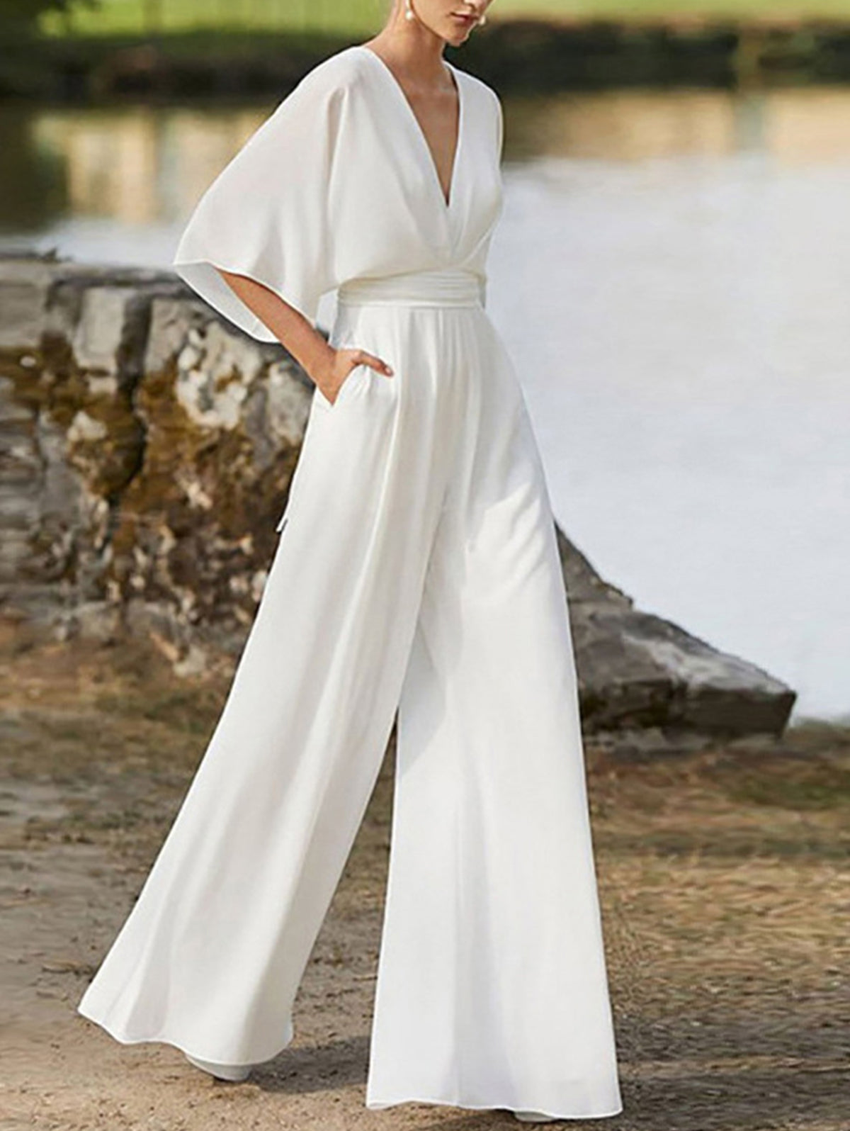 White Elegant Deep V Neck Plain Half Sleeve High Waist Wide Leg Jumpsuit