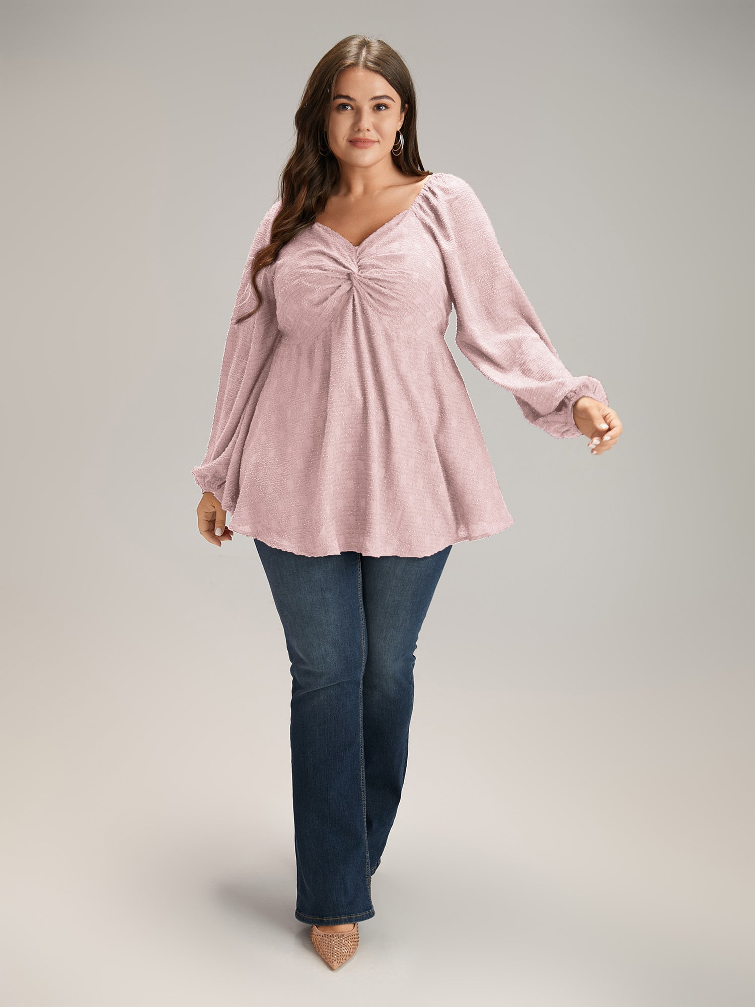 Solid Glitter Twist Front Gathered Blouse