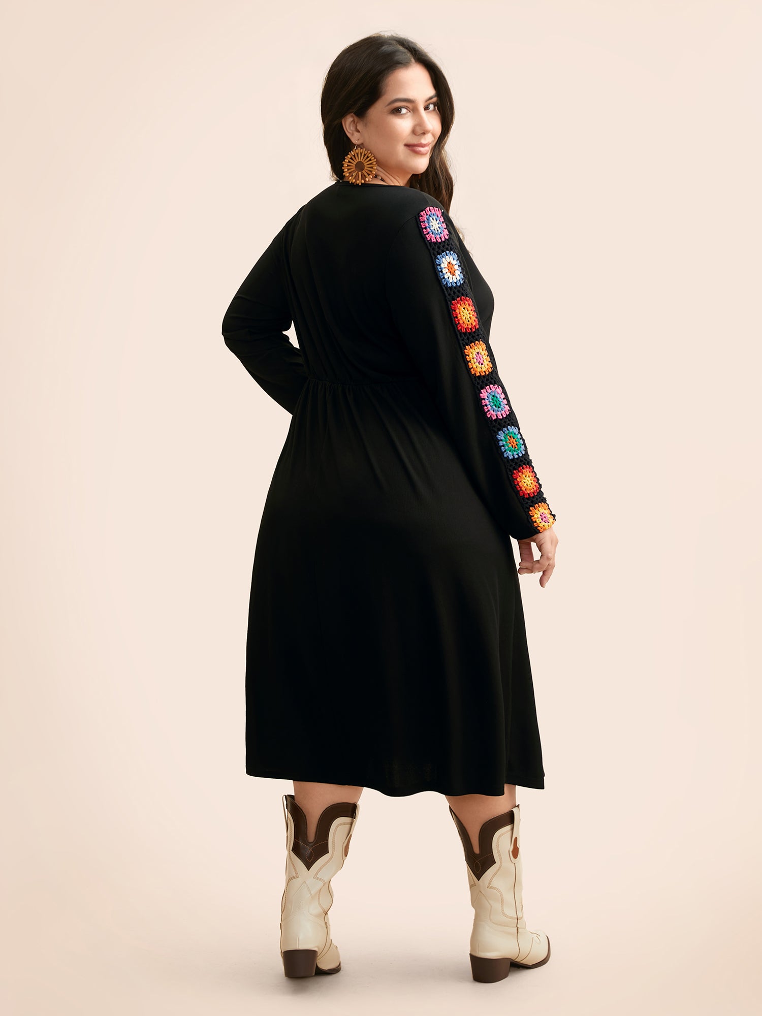 V Neck Crochet Floral Patchwork Dress