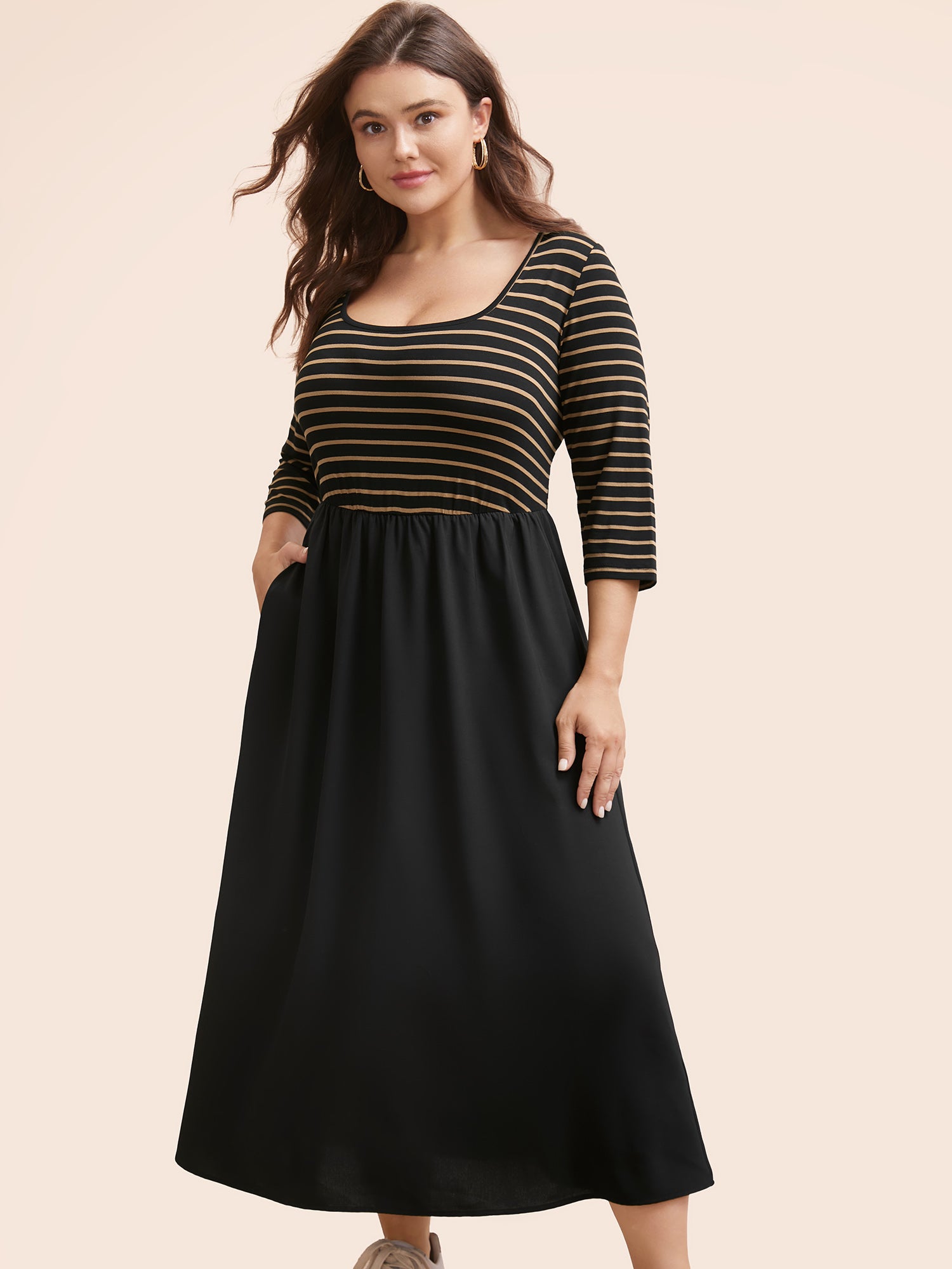 Square Neck Striped Patchwork Midi Dress