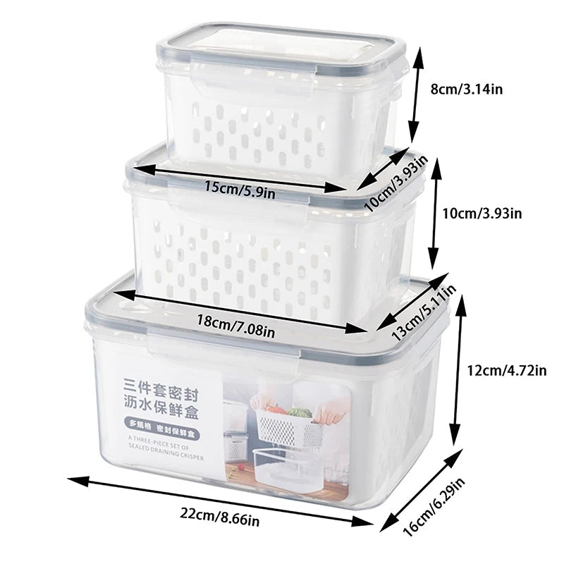 PACK OF 3 FOOD PRESERVATION BOX WITH DRAIN BASKET