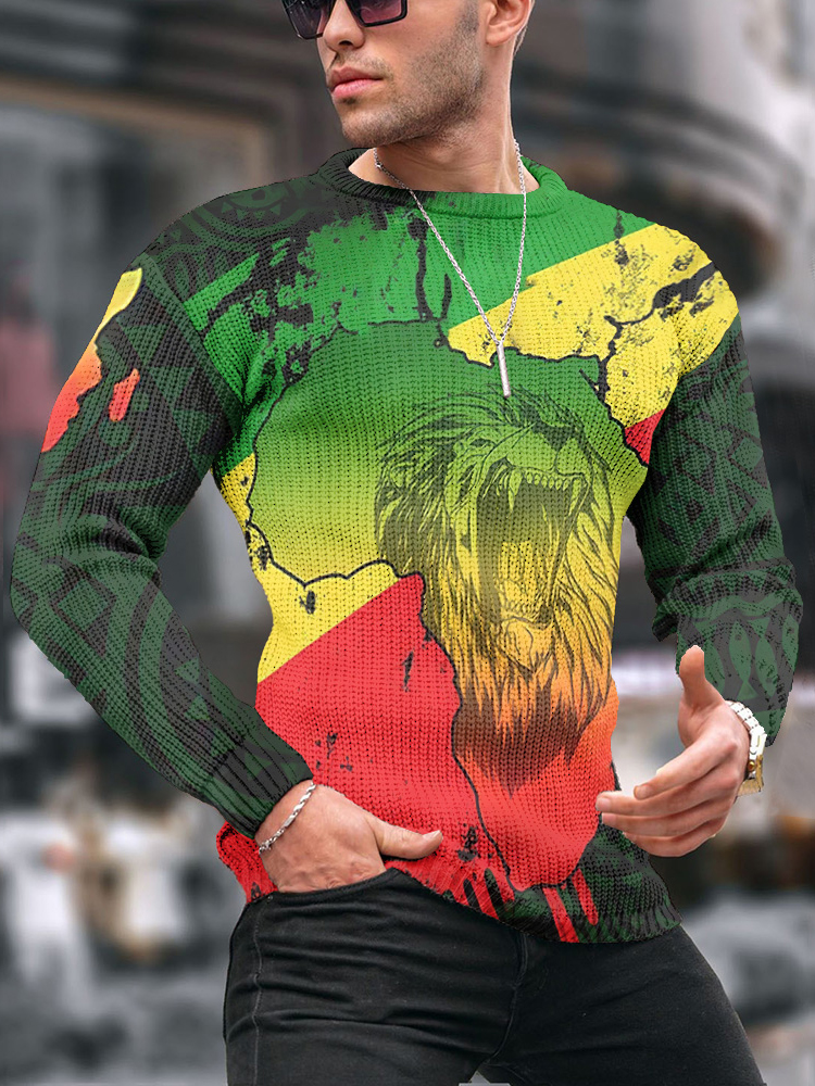 Ombre Lion Reggae Jacquard Iceland Crew Neck Sweater