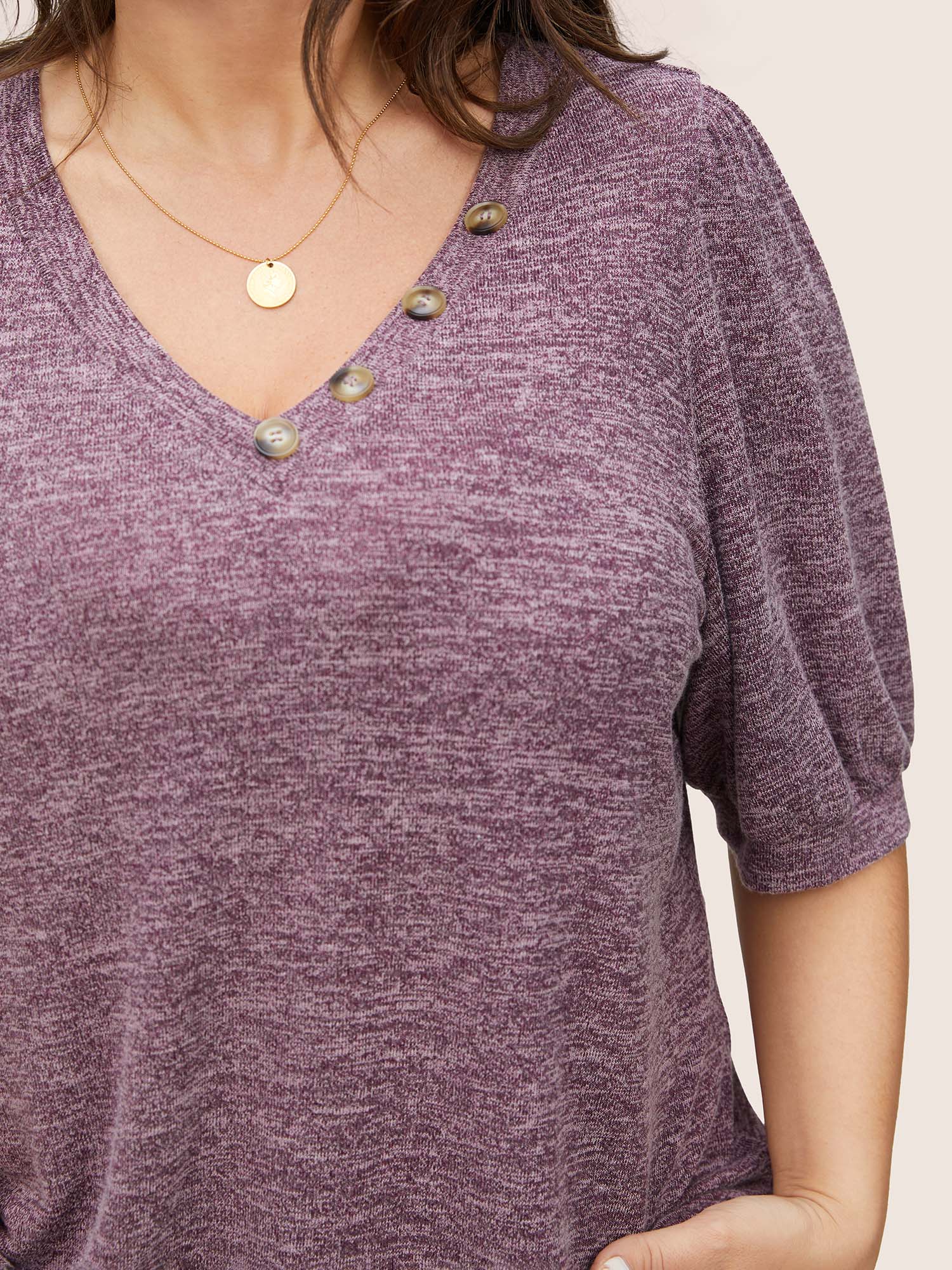 Heather Button Detail Puff Sleeve T-shirt