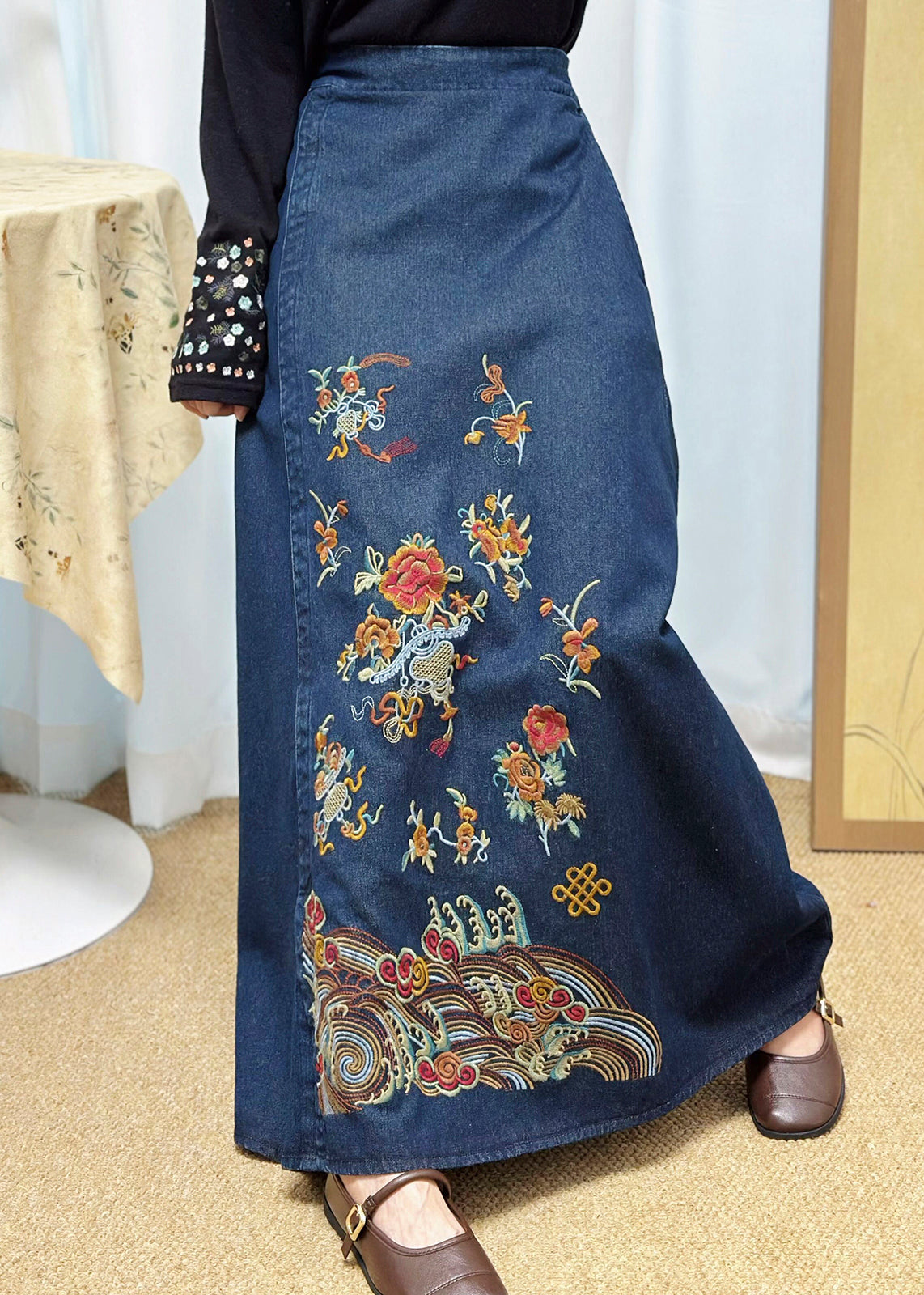 Casual Blue Embroidered Denim A Line Skirt Summer