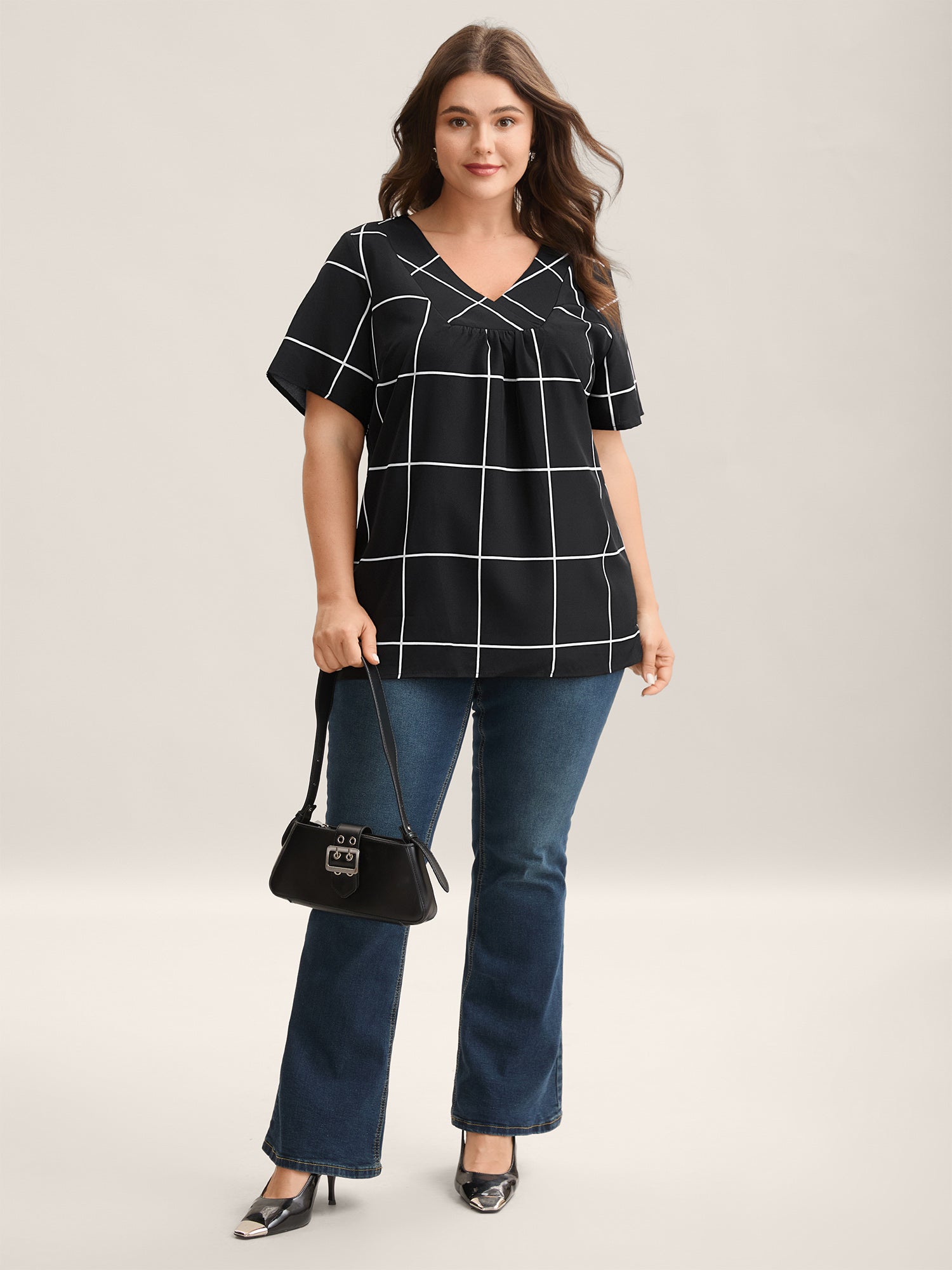 Plaid Crumpled V-Neck Fitted Shirt