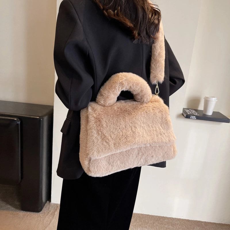 Women's Plush Solid Color Cute Basic Sewing Thread Square Flip Cover Square Bag