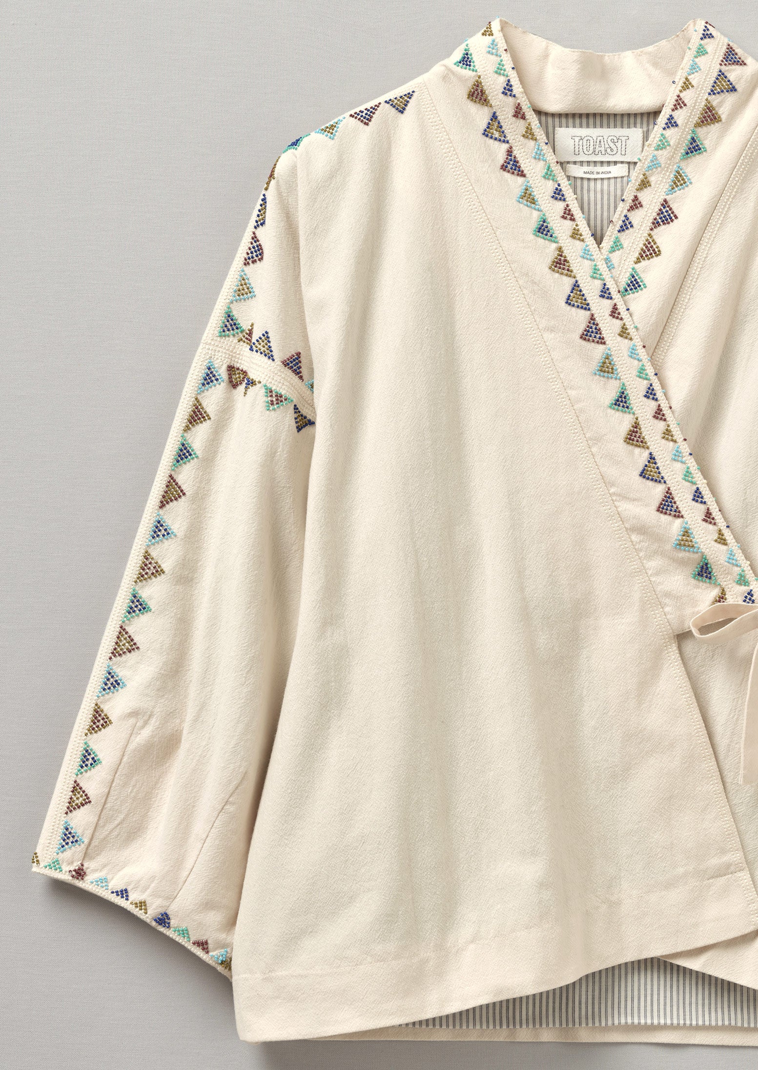 Hand Beaded Cotton Wrap Jacket | Chalk