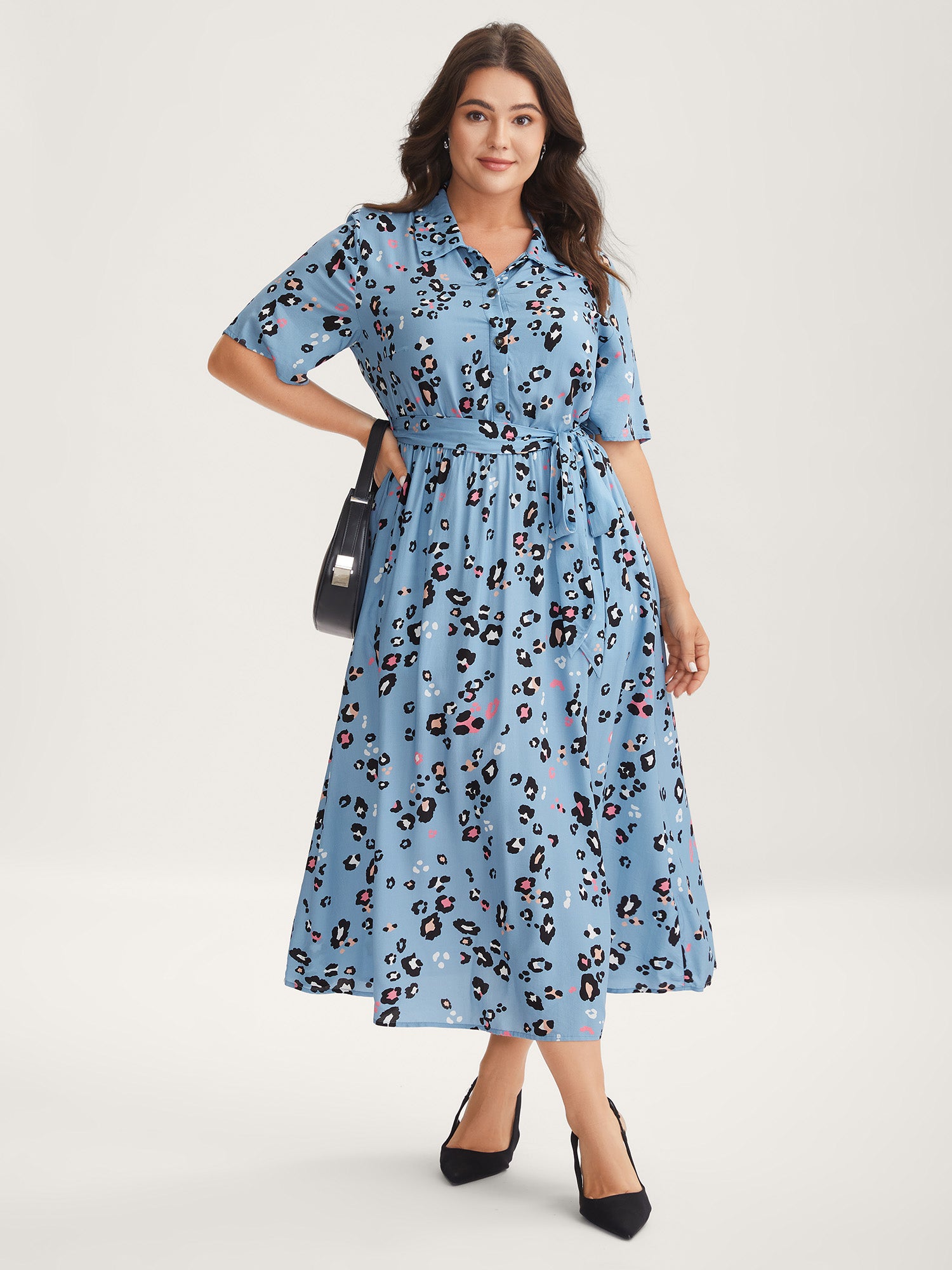 Floral Print Collar Belted Midi Dress