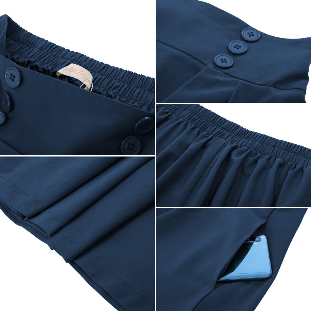 Leaf Patterns Pleated Buttons Decorated Elastic Waist High Waist Swing A-Line Skirt with Pockets