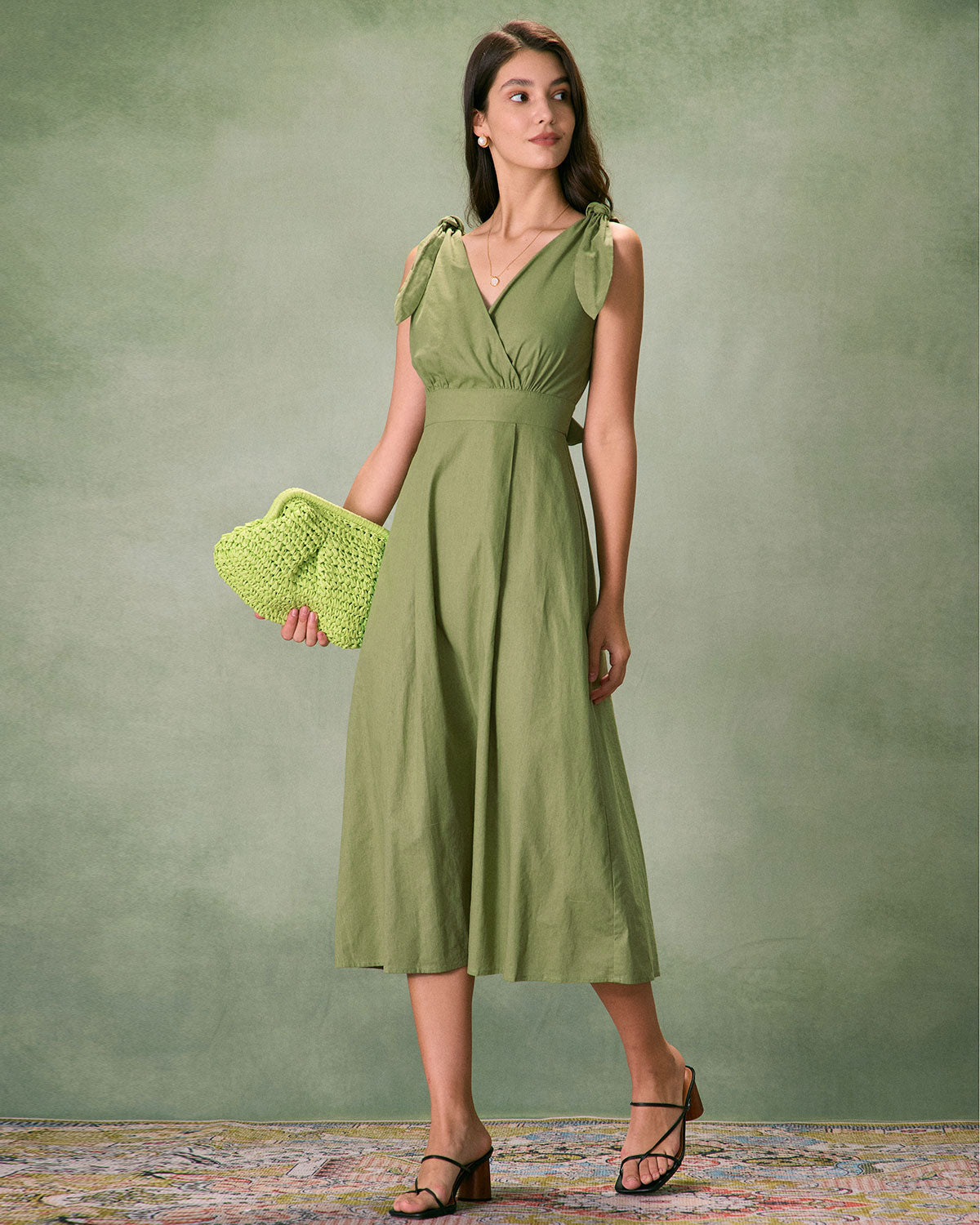 The Green Tie Strap Backless Midi Dress