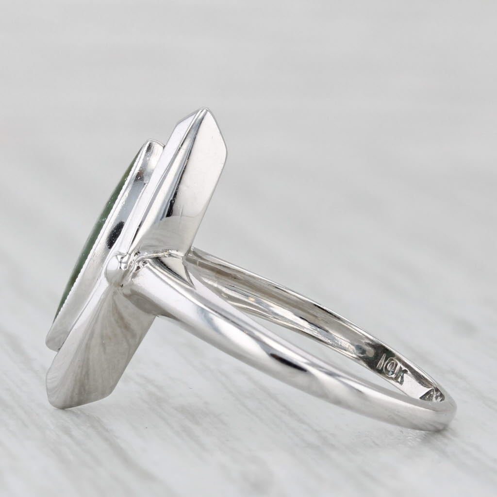 Nephrite Jade Navette Cabochon Solitaire Ring 10k White Gold Size 4.5