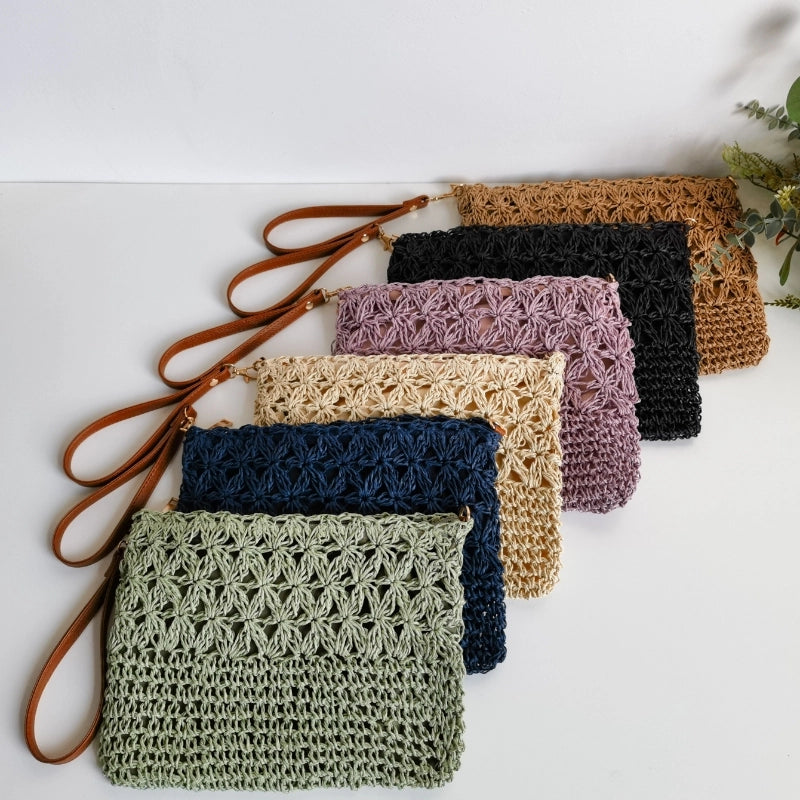 Women's Straw Solid Color Basic Square Zipper Clutch Bag Crossbody Bag Straw Bag