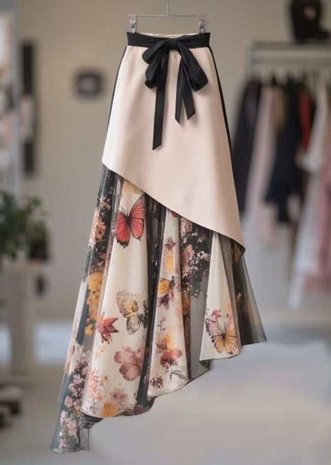 Chic Asymmetrical Print High Waist Chiffon Patchwork Skirts Spring