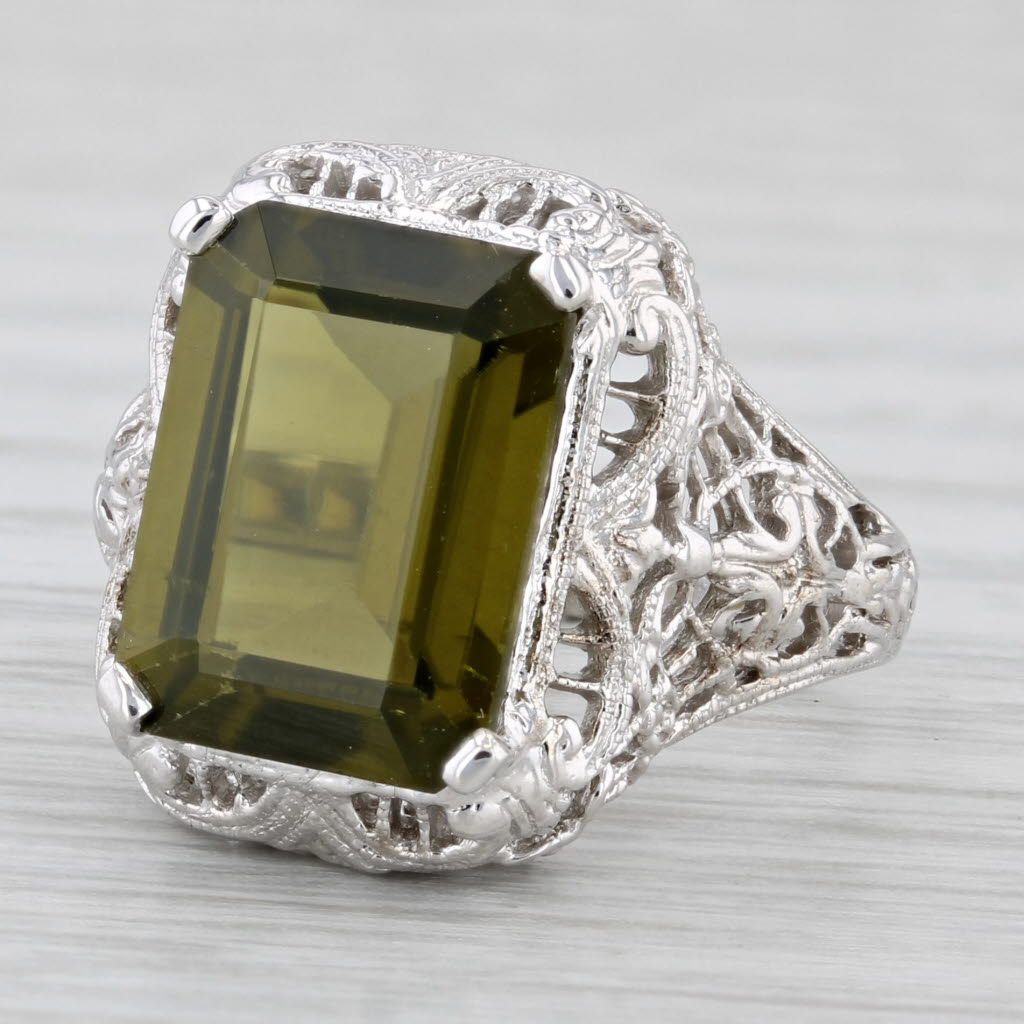 4.40ct Green Tourmaline Solitaire Ring 14k White Gold Filigree Size 5.5