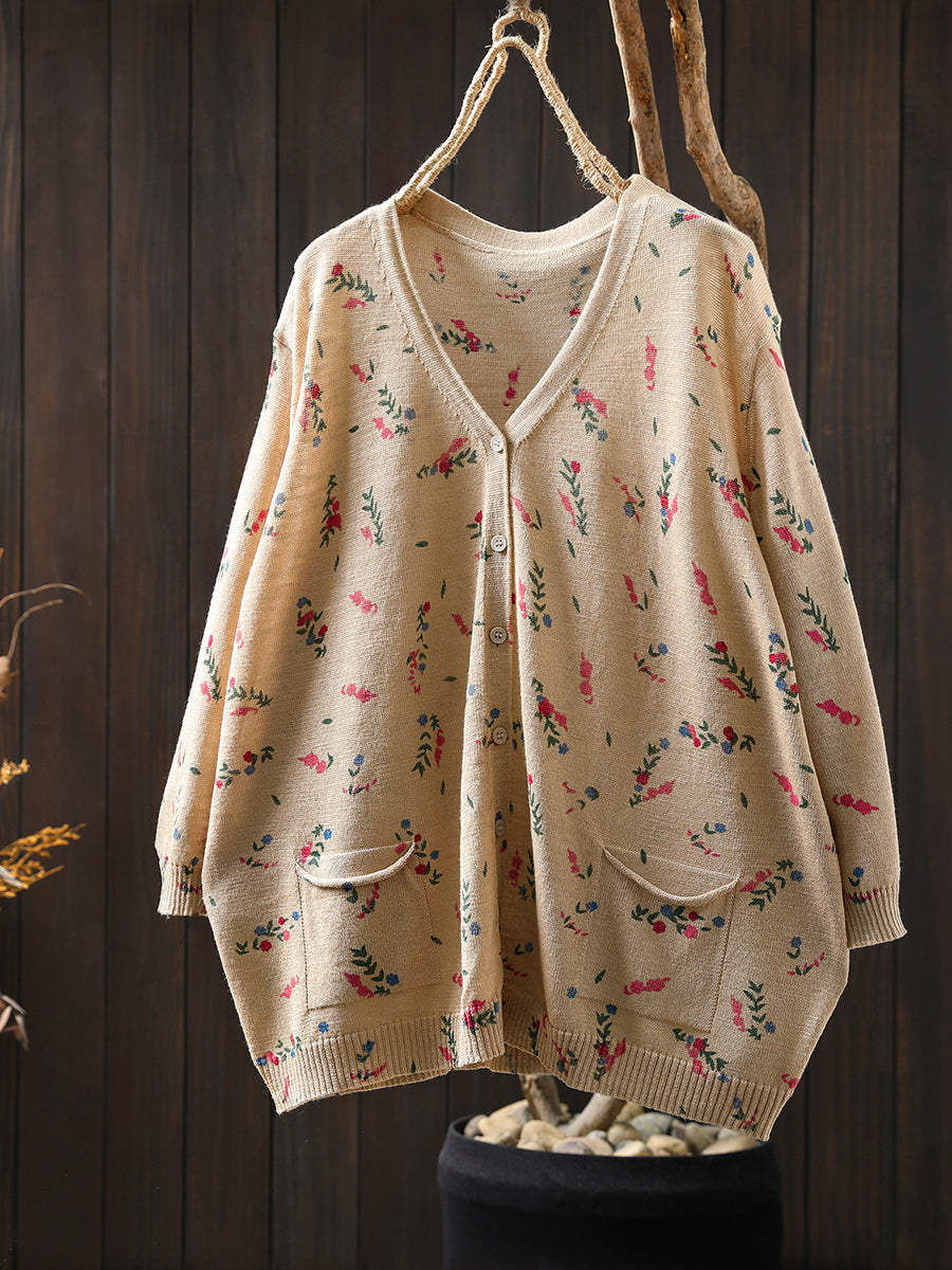 Women Summer Artsy Floral Knitted V-Neck Cotton Shirt