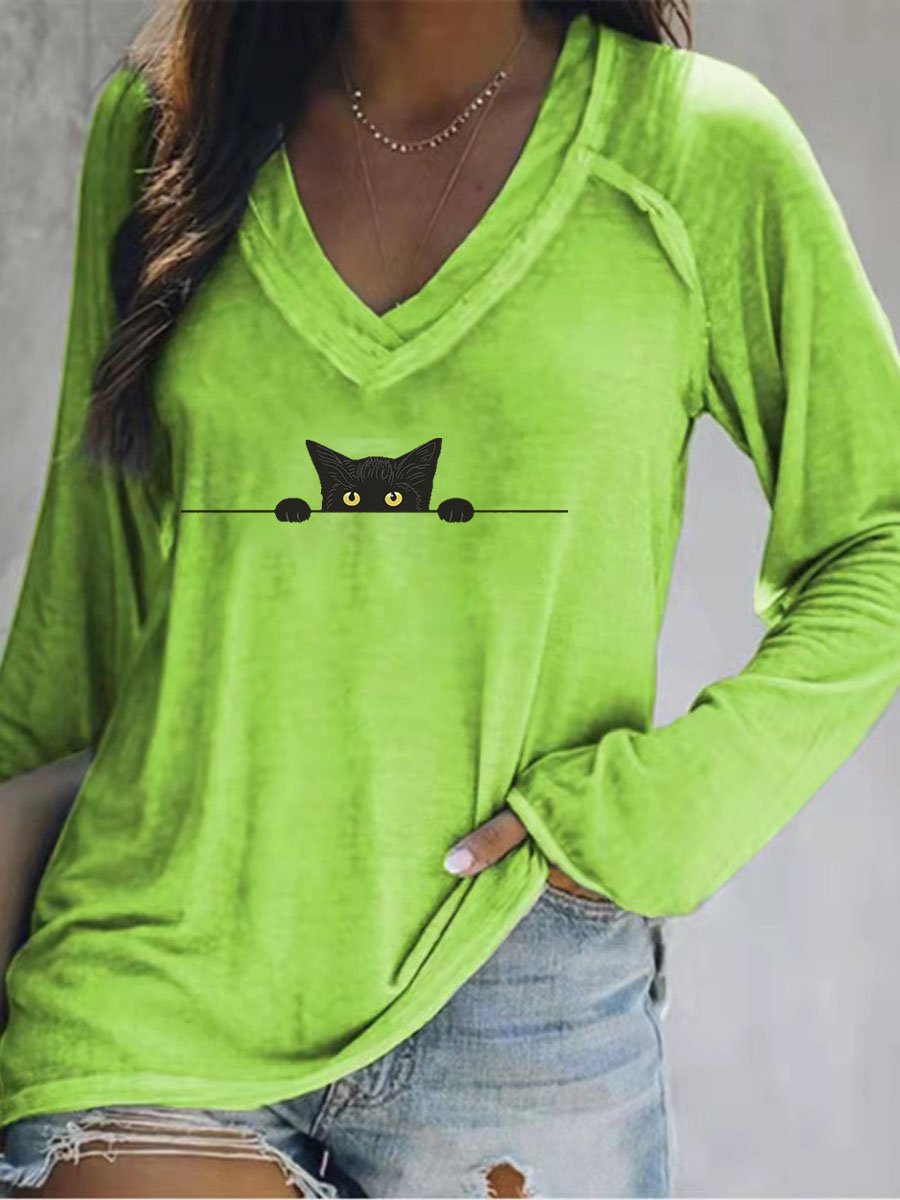 Women's Black Cat Casual V-Neck Long-Sleeve T-Shirt