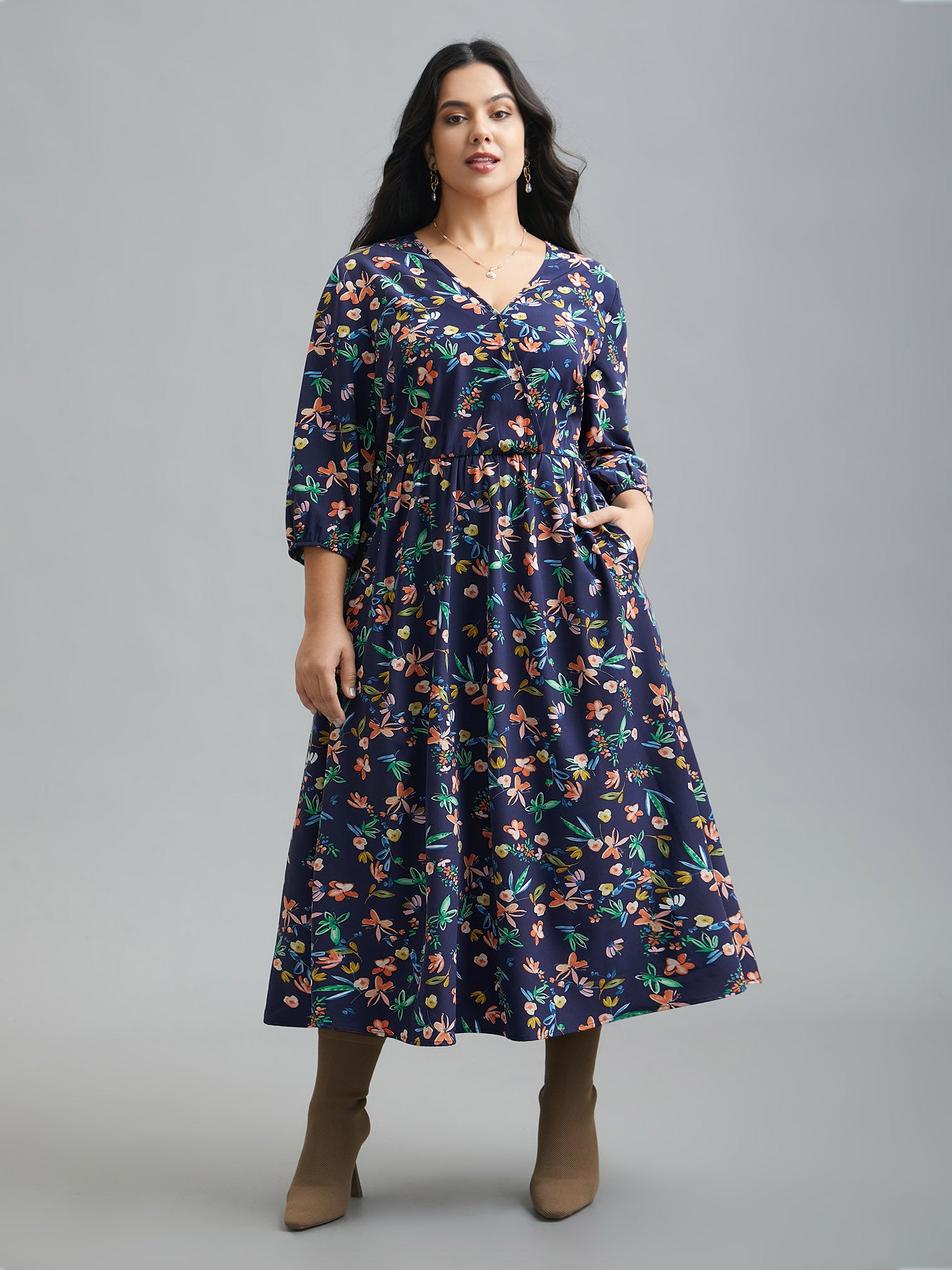 Surplice Neck Floral Print Pocket Dress