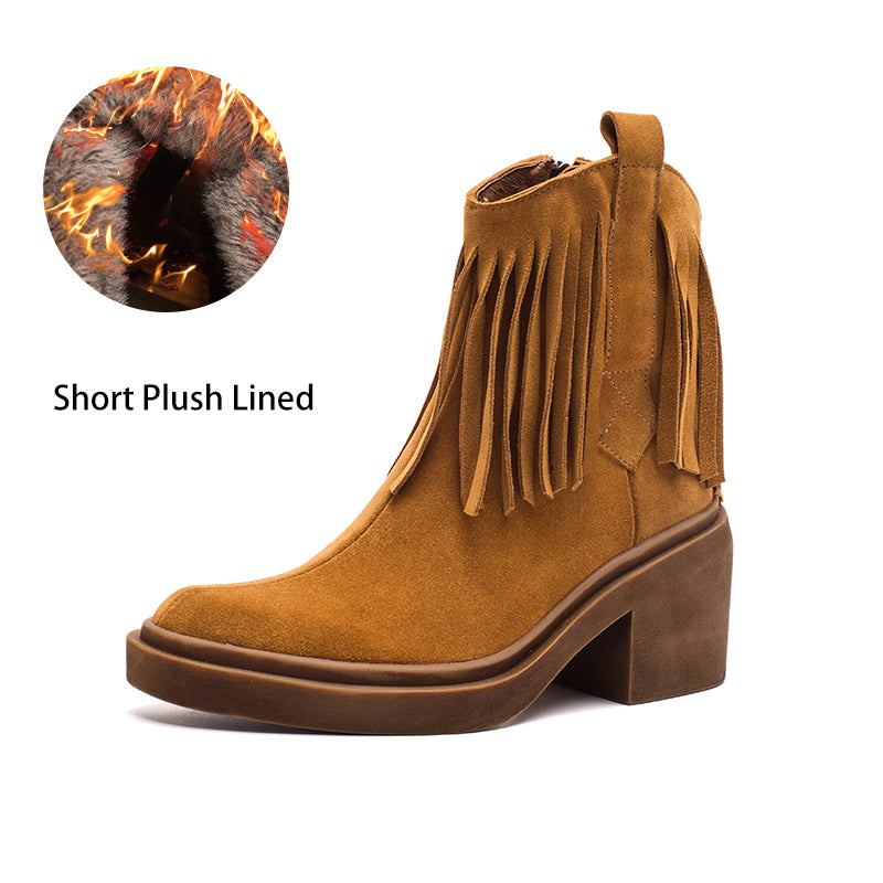 Western R Toe Cowgirl Boots With Tassels Handmade Suede Ankle Boots in Black/Brown