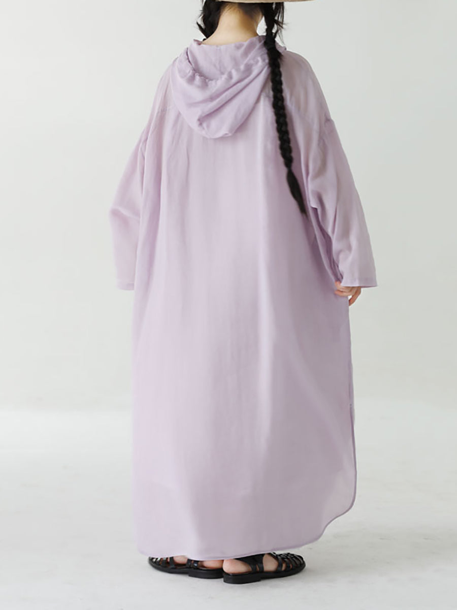 Women Summer Pure Color Hooded 100%Ramie Shirt Dress