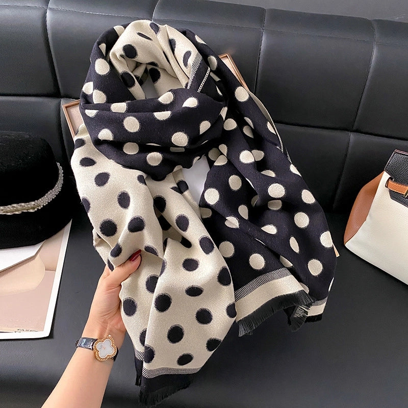 Autumn And Winter Retro Scarf Women's Outer Wear Versatile  Polka Dot Double-sided Color Matching Thick Warm Shawl