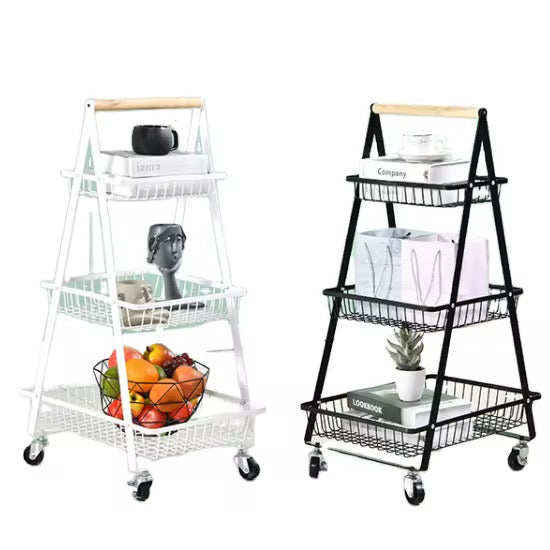 3-Tier Rolling Utility Cart Storage Shelves Multifunction Storage Vegetable Kitchen Trolley Service Cart with Mesh Basket Handles and Wheels Easy Assembly for Bathroom. Kitchen. Office.