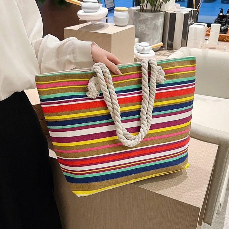 Women's Medium Canvas Geometric Stripe Streetwear Sewing Thread Square Zipper Tote Bag