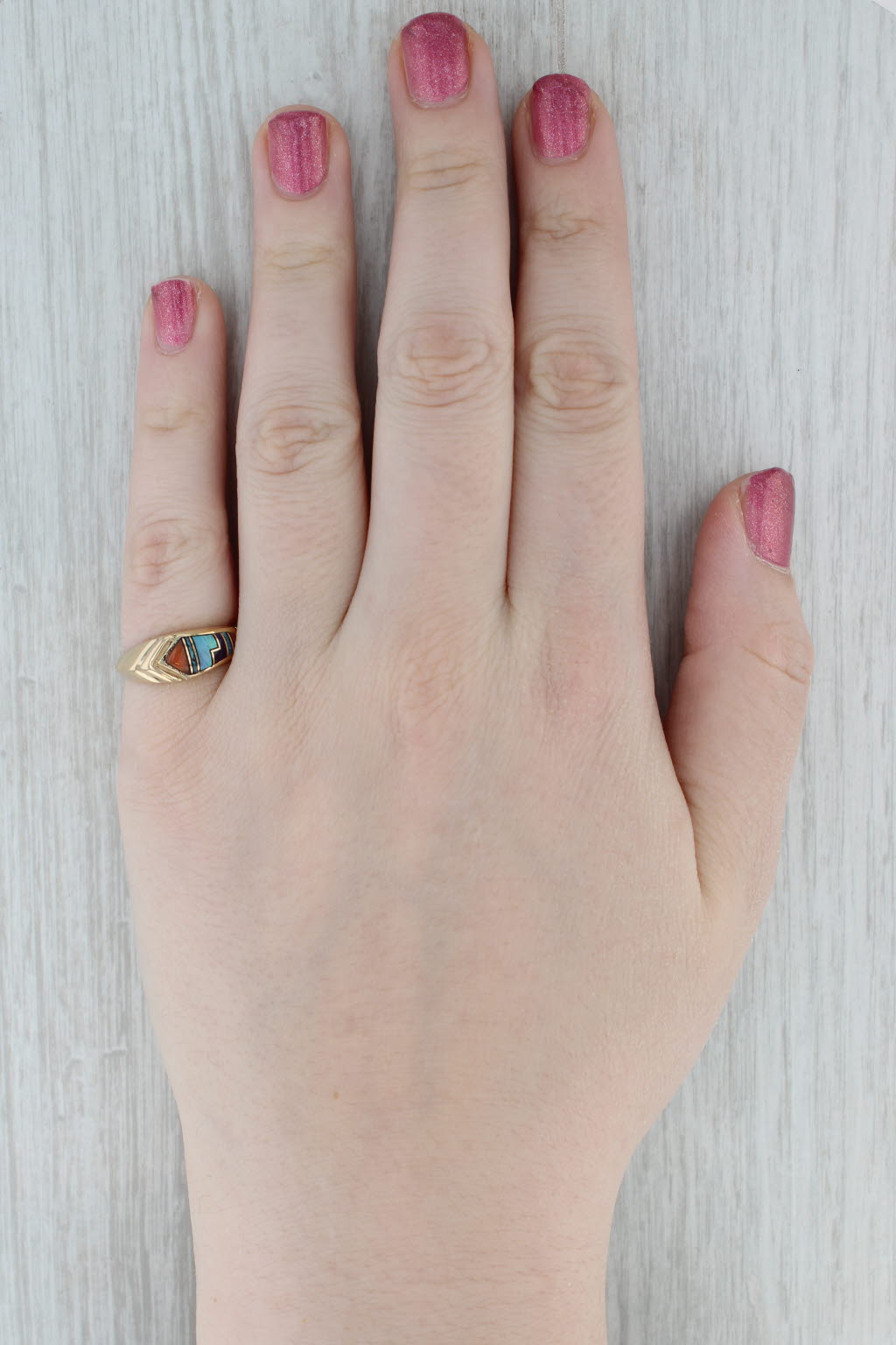 Stone Mosaic Ring 14k Yellow Gold Size 6.75 Coral Turquoise Opal Sugilite Resin