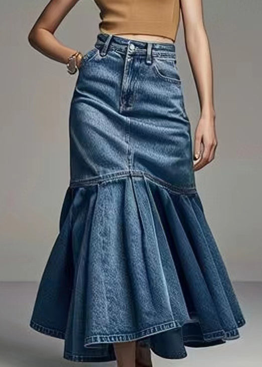 French Blue Wrinkled High Waist Fishtail Skirt Summer