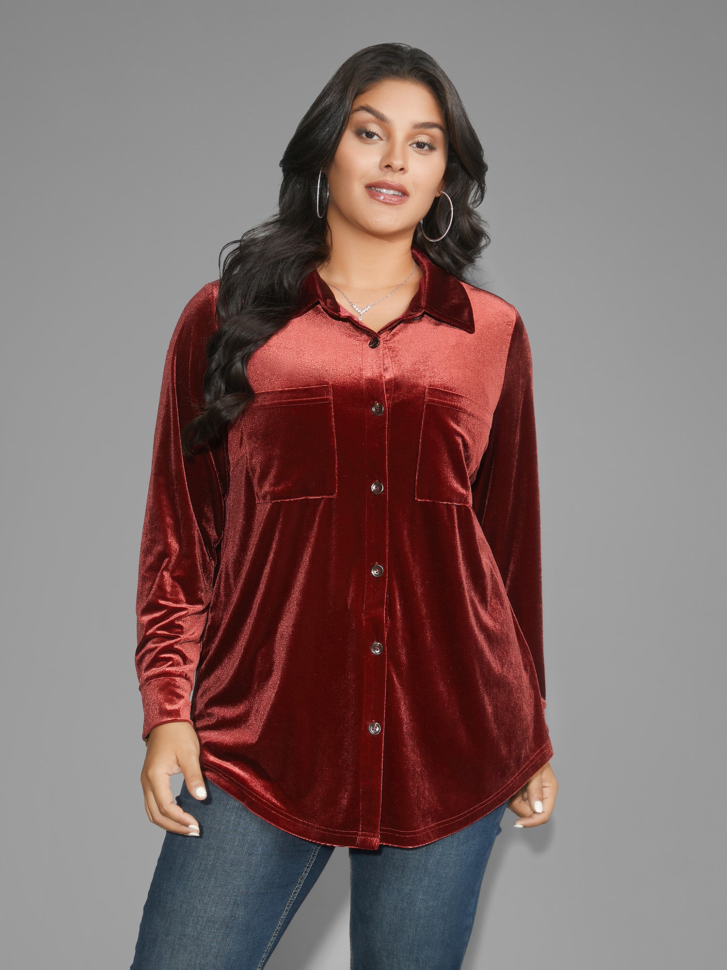 Velvet Curved Hem Gathered Shirt