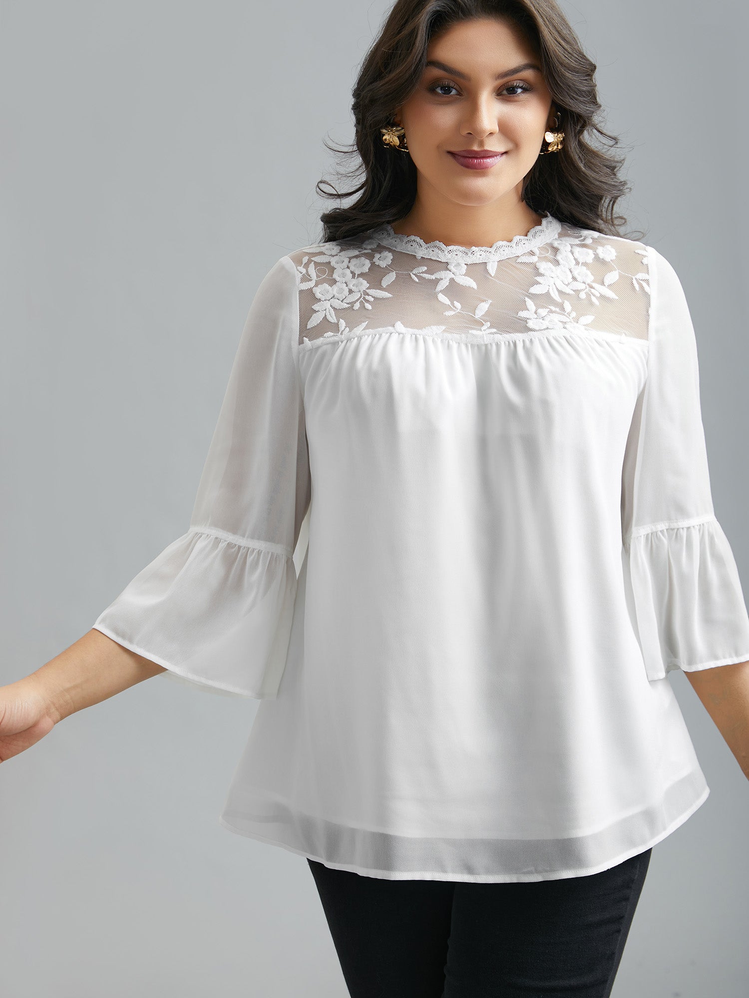 Dreamy Lace Neck Flared Sleeve Chiffon Blouse