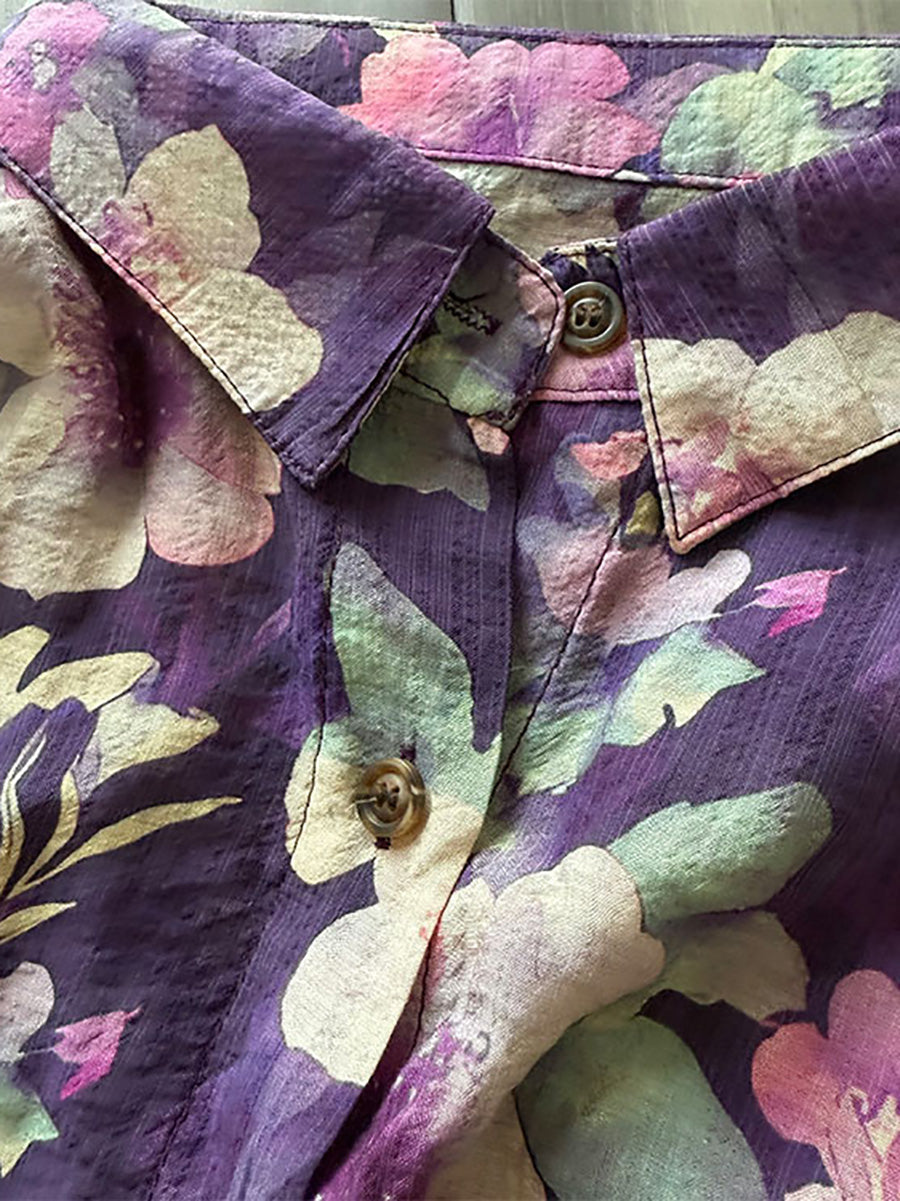 Women Summer Artsy Flower Turn-down Collar Long Sleeve Shirt