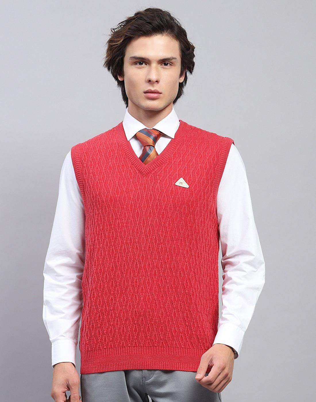 Men Red Self Design V Neck Sleeveless Sweater