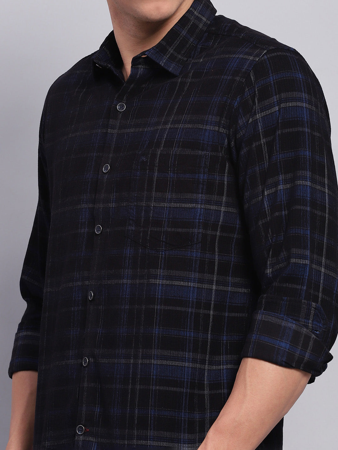 Men Blue & Black Check Collar Full Sleeve Shirt