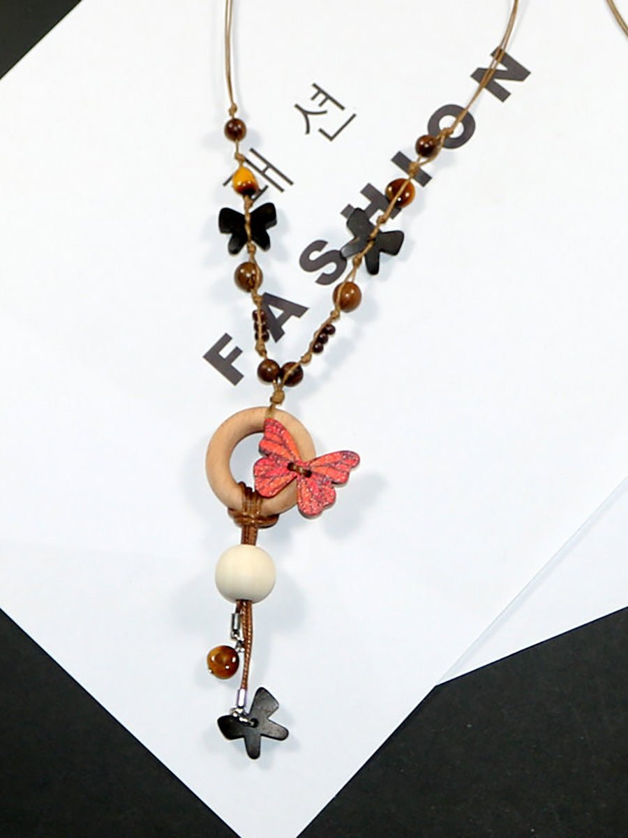 Women Artsy Wooden Butterfly Bead Necklace