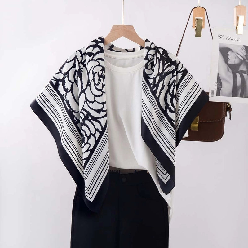 Women's Elegant Minimalist Stripe Flower Satin Silk Scarf