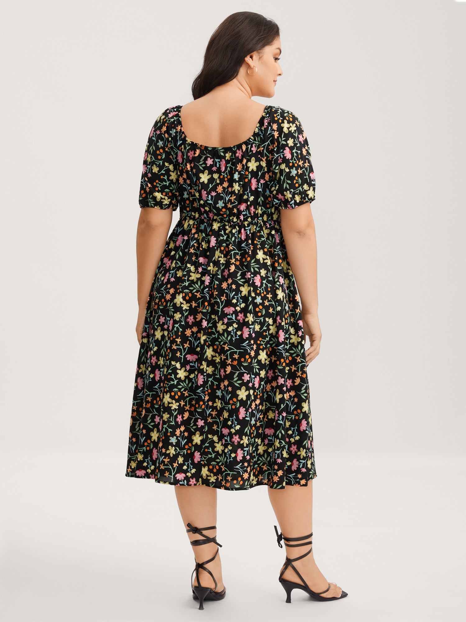 Floral Print Shirred Pockets Midi Dress
