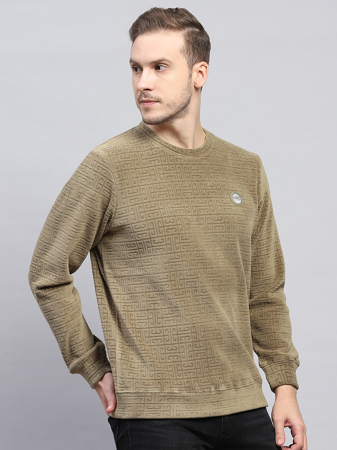 Men Olive Printed Round Neck Full Sleeve Sweatshirt