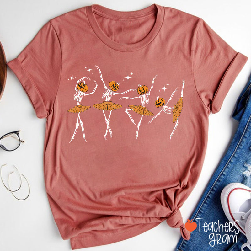 Dancing Pumpkin Skeleton Teacher T-Shirt