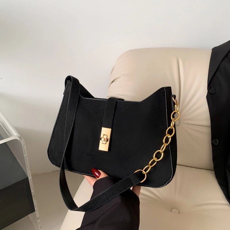 Women's Suede Solid Color Classic Style Sewing Thread Square Zipper Buckle Shoulder Bag
