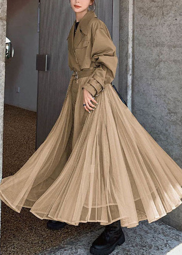 Women Khaki Peter Pan Collar Tulle Patchwork Cotton Trench Coat Long Sleeve