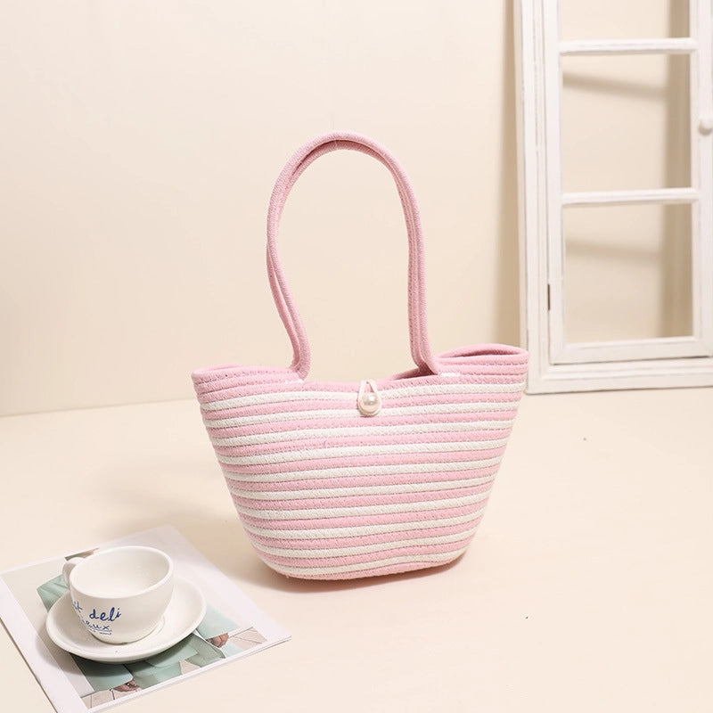 Women's Medium Polyester Stripe Classic Style Square Open Straw Bag