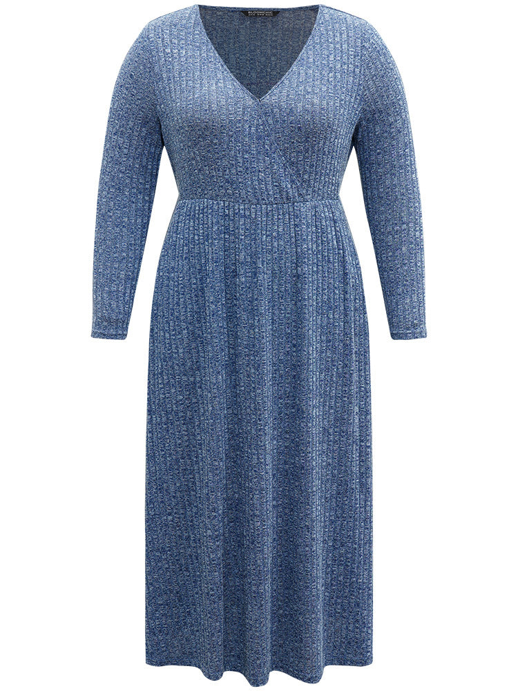 Solid Rib Knit Overlap Collar Pocket Dress